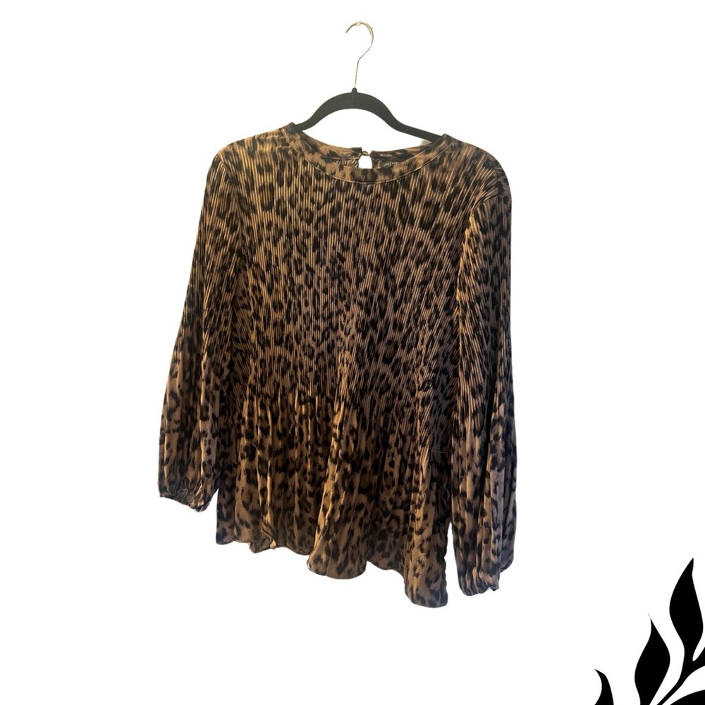 Pretty blouse leopard print. Elastic sleeves. Very flowing! And flattering.